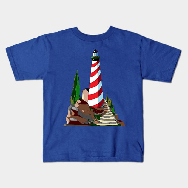 Nautical Red and White Lighthouse Kids T-Shirt by YudyisJudy